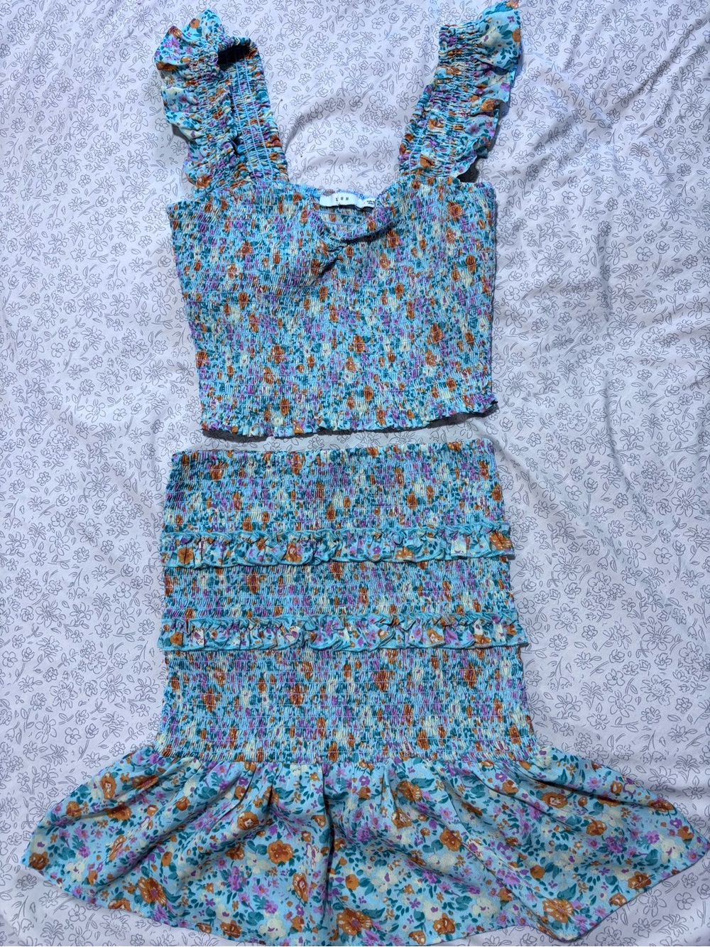 Lush Blue Floral Smocked Two-Piece Dress Set